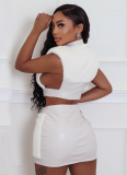 Autumn And Winter Velvet Splicing Leather Sexy Hip Skirt Suit