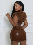 Autumn And Winter Velvet Splicing Leather Sexy Hip Skirt Suit