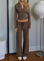 Casual Waist Knitted Long-sleeved Top and Loose Trousers Set