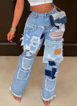 Fashion Patch White Washed Distressed Straight Loose Denim Trousers