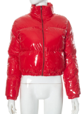 2025 Autumn Solid Color Mirror PU Leather Stand Collar Cardigan Down Jacket
