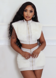 Autumn And Winter Velvet Splicing Leather Sexy Hip Skirt Suit