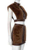 Autumn And Winter Velvet Splicing Leather Sexy Hip Skirt Suit