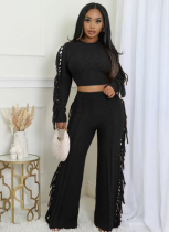 Casual Solid Color Knitted Long-Sleeved Tassel Two-Piece Suit