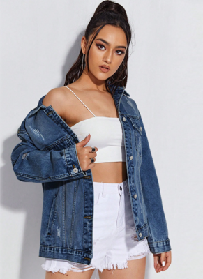 Blue Long-Sleeved Ripped Denim Jacket