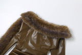 Fashionable and Elegant Leather Fur Collar Splicing Oblique Collar Dress