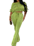 Patchwork Color Slim Fit Stretch Top Washed Trousers Set