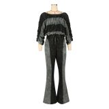 Patchwork Color Slim Fit Stretch Top Washed Trousers Set
