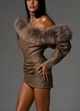 Fashionable and Elegant Leather Fur Collar Splicing Oblique Collar Dress