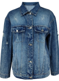 Blue Long-Sleeved Ripped Denim Jacket