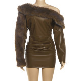 Fashionable and Elegant Leather Fur Collar Splicing Oblique Collar Dress