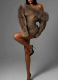 Fashionable and Elegant Leather Fur Collar Splicing Oblique Collar Dress