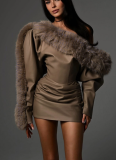 Fashionable and Elegant Leather Fur Collar Splicing Oblique Collar Dress