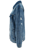 Blue Long-Sleeved Ripped Denim Jacket
