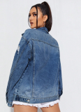 Blue Long-Sleeved Ripped Denim Jacket