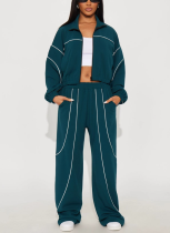 Fashionable Casual Line Colorblock Stand Collar Cardigan Wide Leg Pants Two-Piece Set