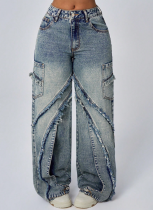 Raw-Edge Patchwork Loose Wide-Leg Women's Denim Trousers