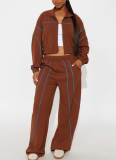 Fashionable Casual Line Colorblock Stand Collar Cardigan Wide Leg Pants Two-Piece Set