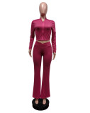 Solid Color High Elastic Slim Fit Long Sleeve Flared Trousers Two-piece Set