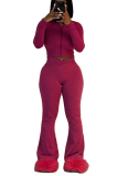 Solid Color High Elastic Slim Fit Long Sleeve Flared Trousers Two-piece Set