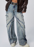 Raw-Edge Patchwork Loose Wide-Leg Women's Denim Trousers