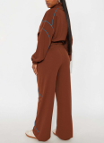 Fashionable Casual Line Colorblock Stand Collar Cardigan Wide Leg Pants Two-Piece Set