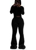 Solid Color High Elastic Slim Fit Long Sleeve Flared Trousers Two-piece Set