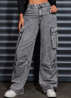 Fashionable Women's Pocket Trendy Street Denim Trousers