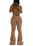 Solid Color High Elastic Slim Fit Long Sleeve Flared Trousers Two-piece Set