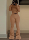 Solid Color High Elastic Slim Fit Long Sleeve Flared Trousers Two-piece Set