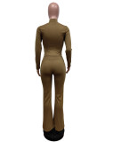 Solid Color High Elastic Slim Fit Long Sleeve Flared Trousers Two-piece Set