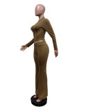 Solid Color High Elastic Slim Fit Long Sleeve Flared Trousers Two-piece Set