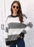 Autumn And Winter New Casual Loose Woven Sweater Contrast Striped Stitching Sweater