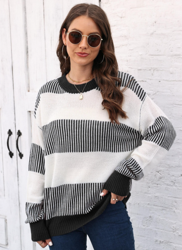 Autumn And Winter New Casual Loose Woven Sweater Contrast Striped Stitching Sweater