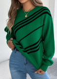 Casual Striped Round Neck Lantern Long-Sleeved Pullover Sweater
