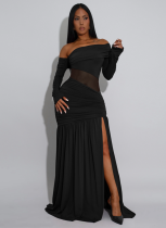 Fashion Women's Sexy Tube Top Mesh Splicing Slit Dress
