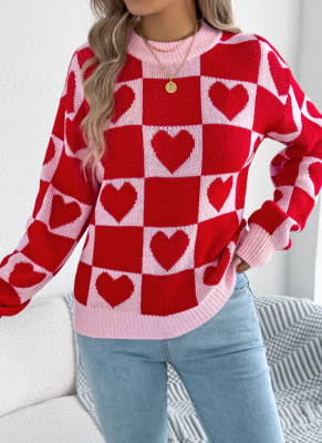 Heart Plaid Lantern Long Sleeve Pullover Sweater