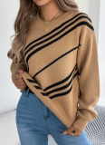 Casual Striped Round Neck Lantern Long-Sleeved Pullover Sweater