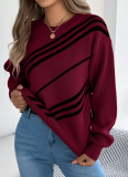 Casual Striped Round Neck Lantern Long-Sleeved Pullover Sweater