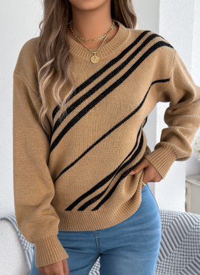 Casual Striped Round Neck Lantern Long-Sleeved Pullover Sweater
