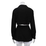 Fashionable Contrast Color Fake Two-piece Lapel Long-sleeved Short Top Skirt Suit