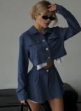 Fashionable Contrast Color Fake Two-piece Lapel Long-sleeved Short Top Skirt Suit