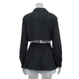 Fashionable Contrast Color Fake Two-piece Lapel Long-sleeved Short Top Skirt Suit