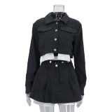 Fashionable Contrast Color Fake Two-piece Lapel Long-sleeved Short Top Skirt Suit