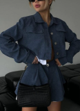 Fashionable Contrast Color Fake Two-piece Lapel Long-sleeved Short Top Skirt Suit