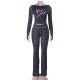 Sexy Polka Dot Hooded Zipper Top and Pants Suit