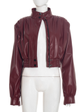 New Autumn Style Solid Color Trendy Short PU Leather Lapel Zipper Jacket Top