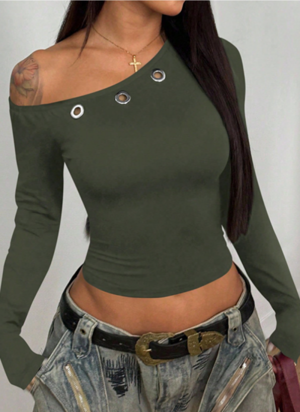 Off-Shoulder Fitted Long-Sleeved T-Shirt, Sexy Cropped Top