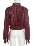 New Autumn Style Solid Color Trendy Short PU Leather Lapel Zipper Jacket Top