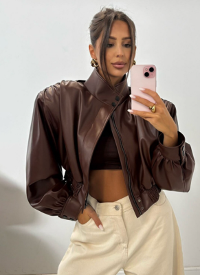 New Autumn Style Solid Color Trendy Short PU Leather Lapel Zipper Jacket Top